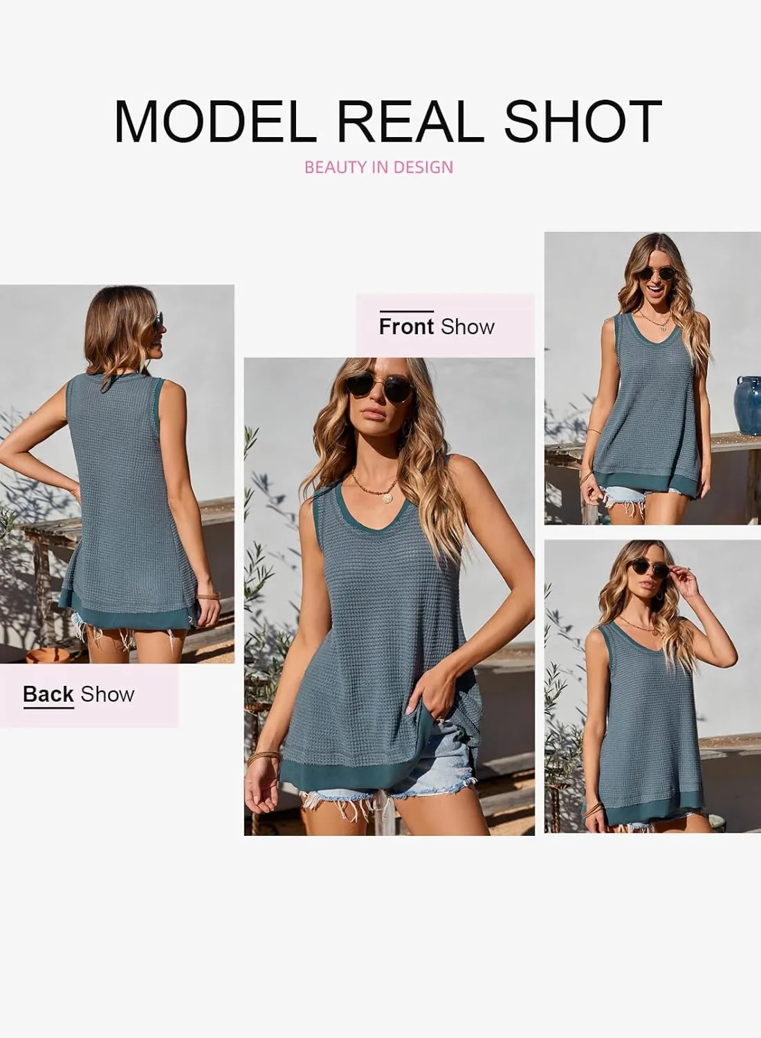 EVALESS Waffle Knit Tank Top for Women Summer 2025 Trendy Oversized Scoop Neck Knit Sleeveless Shirts Tops