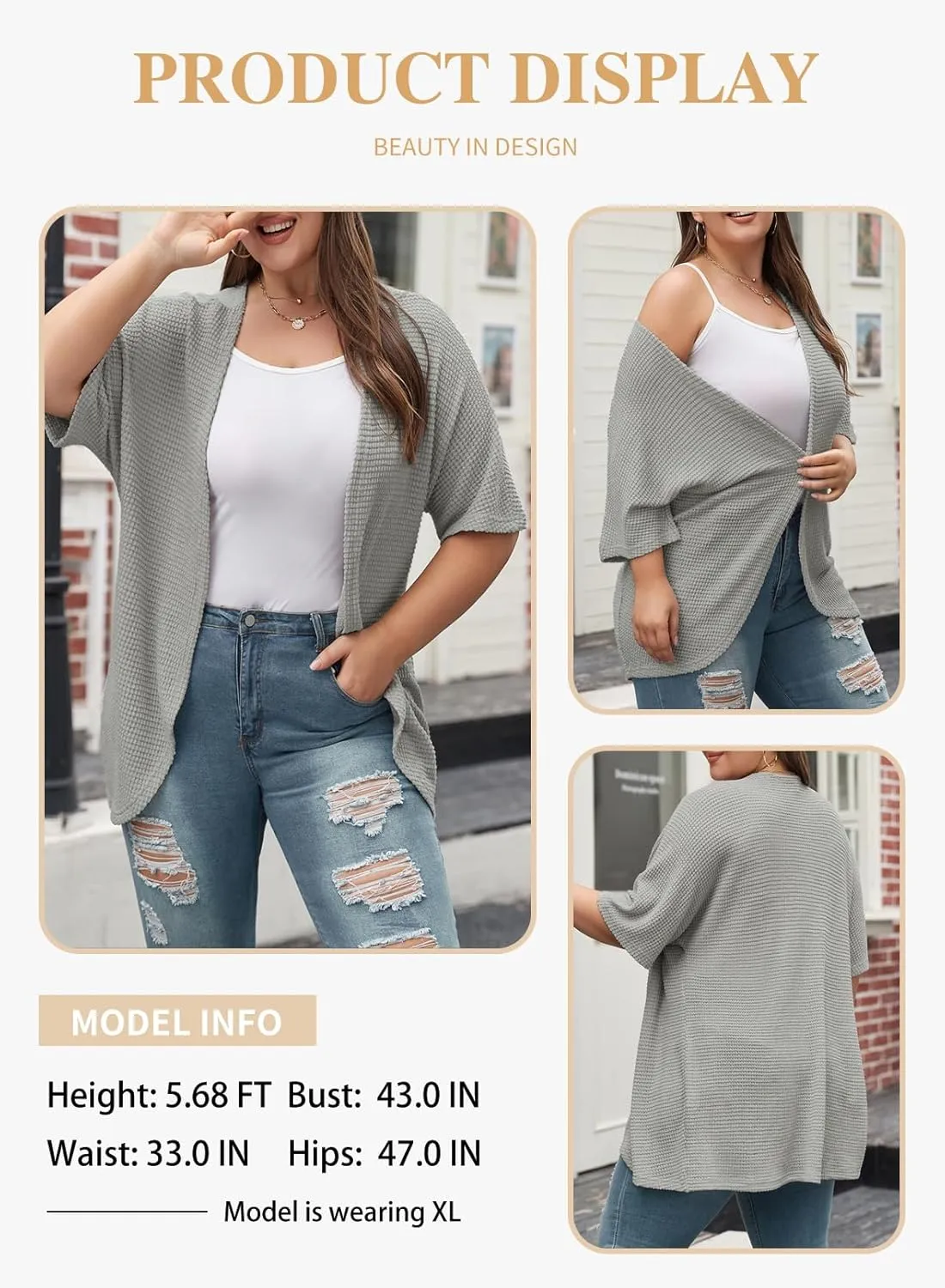 Eytino Womens Plus Size Cardigan Casual Short Sleeve Waffle Knit Kimono Open Front Tops(1X-5X)