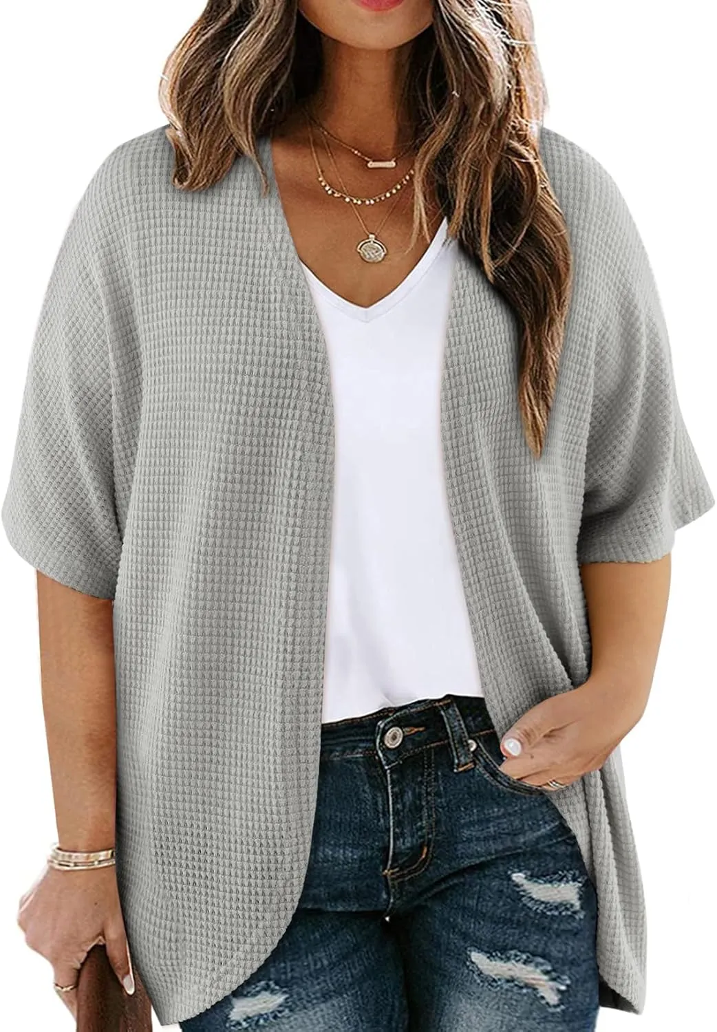 Eytino Womens Plus Size Cardigan Casual Short Sleeve Waffle Knit Kimono Open Front Tops(1X-5X)