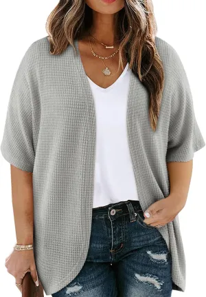 Eytino Womens Plus Size Cardigan Casual Short Sleeve Waffle Knit Kimono Open Front Tops(1X-5X)