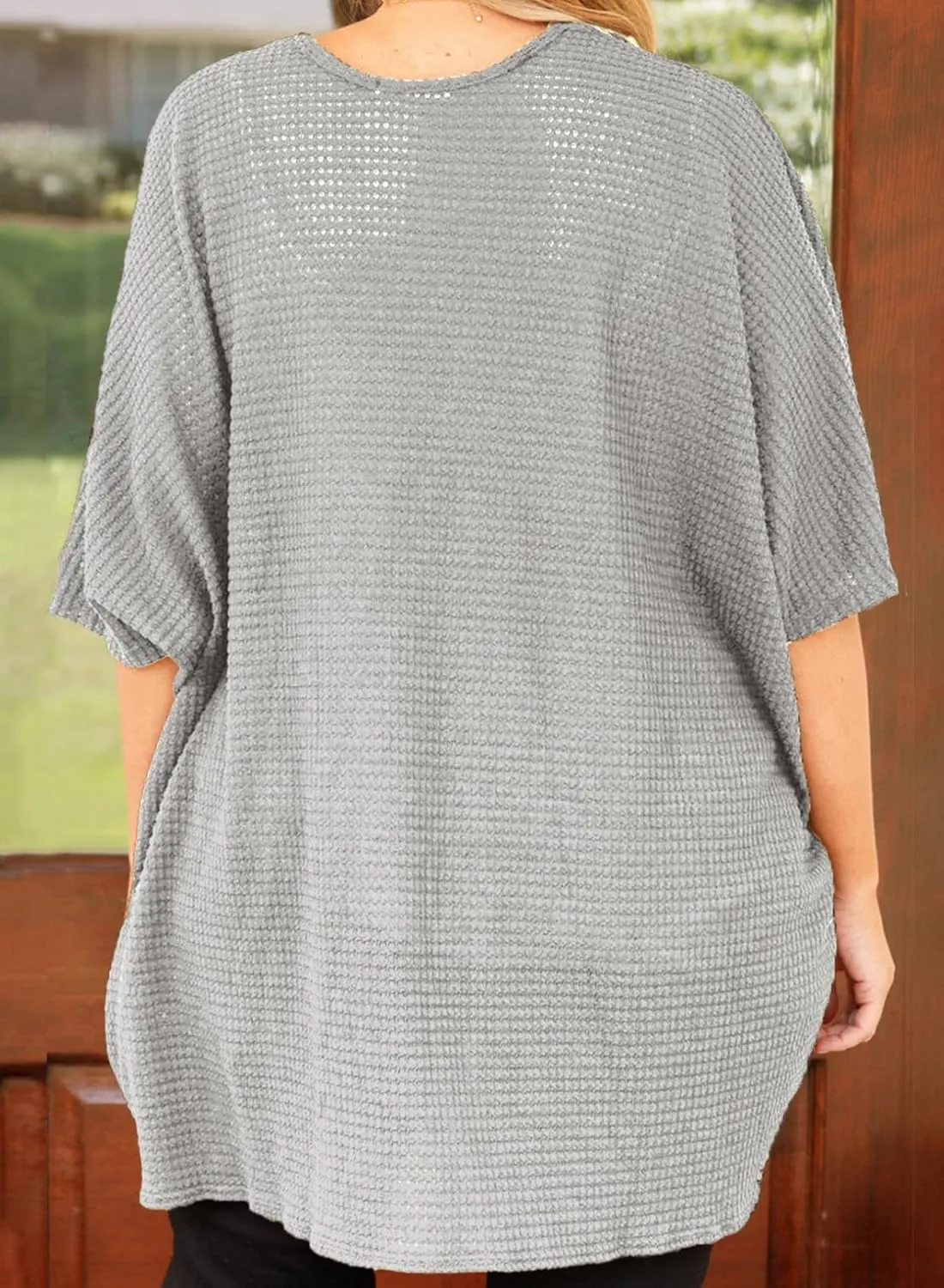 Eytino Womens Plus Size Cardigan Casual Short Sleeve Waffle Knit Kimono Open Front Tops(1X-5X)