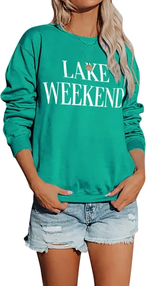 Ezcosplay Women Cute Lake Weekend Sweatshirt Letter Print Shirts Casual Loose Pullover Tops