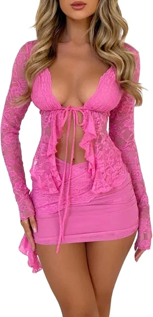Faretumiya Women Y2k Lace 2 Piece Skirt Set See Through Mesh Lace Crop Top Bodycon Mini Skirt Set Ruffle Going Out Outfits