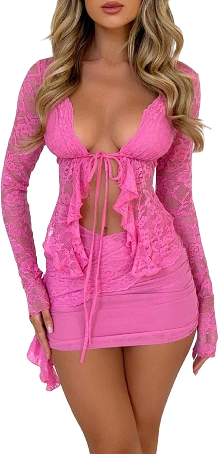 Faretumiya Women Y2k Lace 2 Piece Skirt Set See Through Mesh Lace Crop Top Bodycon Mini Skirt Set Ruffle Going Out Outfits