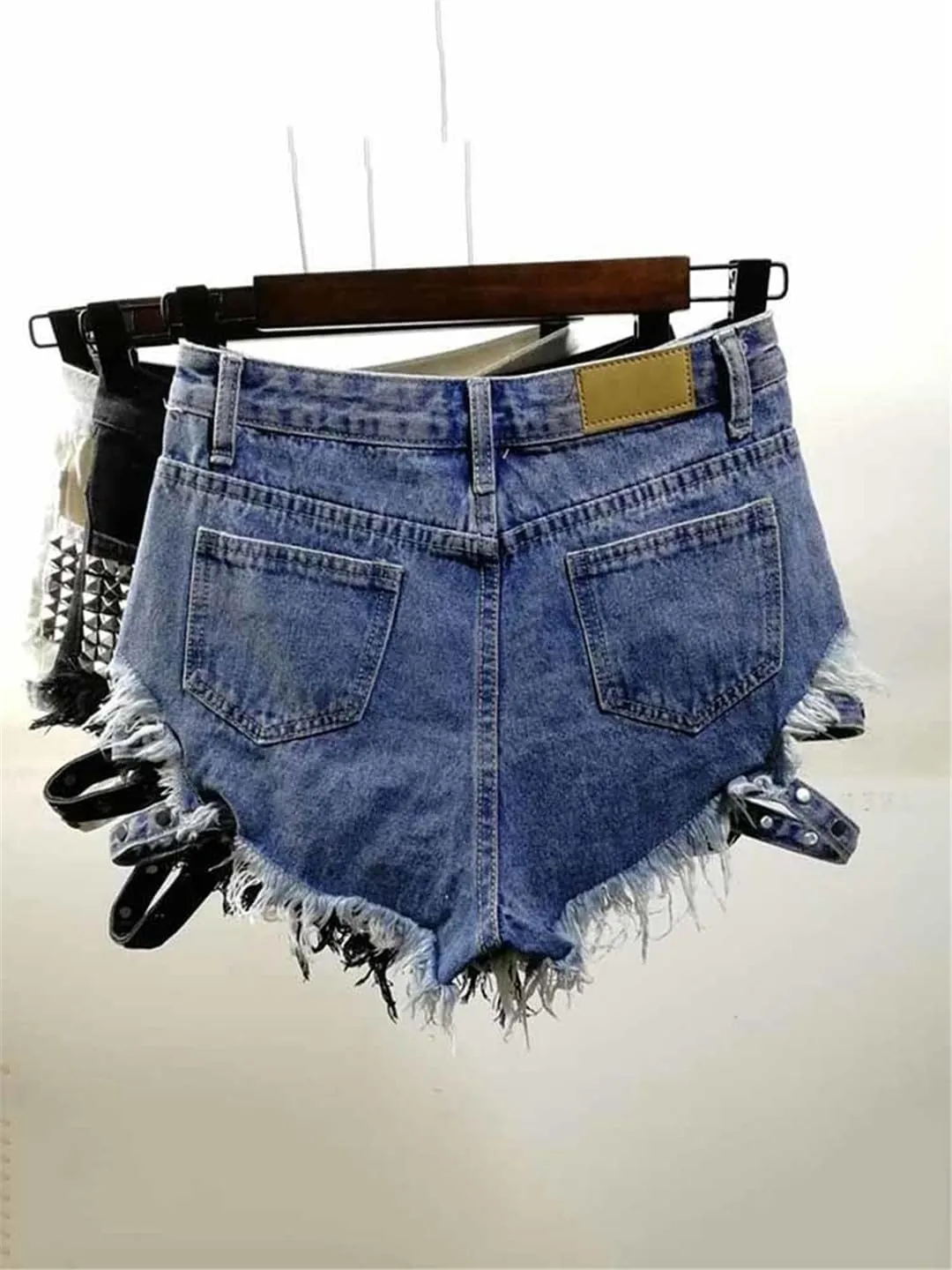 Fashion Shiny Riveted Irregular Denim Shorts Women's High Waist Wide Leg Short Hot Pants