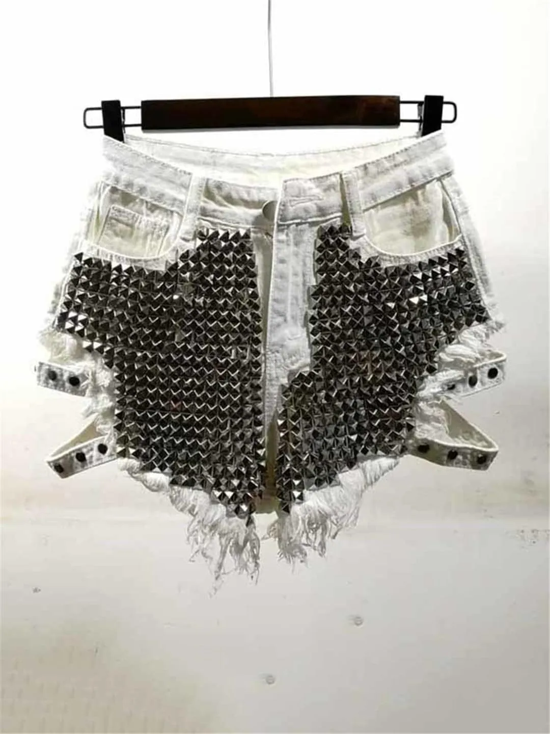 Fashion Shiny Riveted Irregular Denim Shorts Women's High Waist Wide Leg Short Hot Pants
