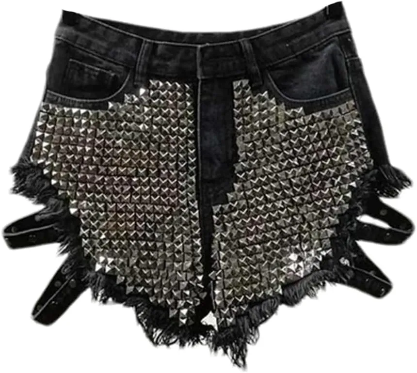 Fashion Shiny Riveted Irregular Denim Shorts Women's High Waist Wide Leg Short Hot Pants