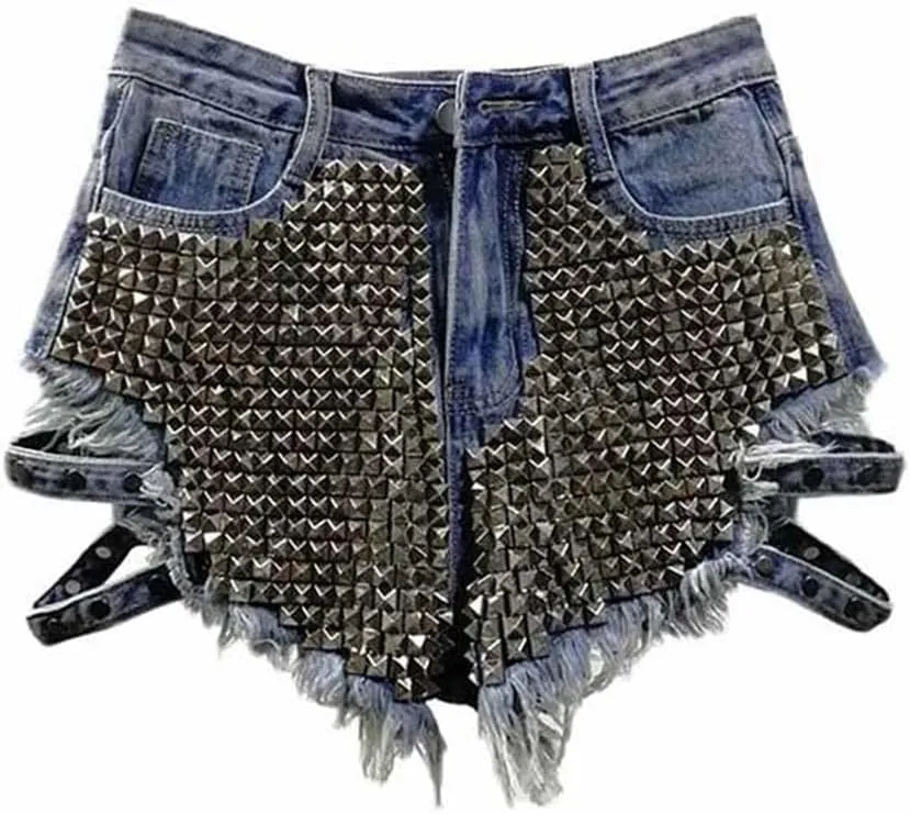 Fashion Shiny Riveted Irregular Denim Shorts Women's High Waist Wide Leg Short Hot Pants