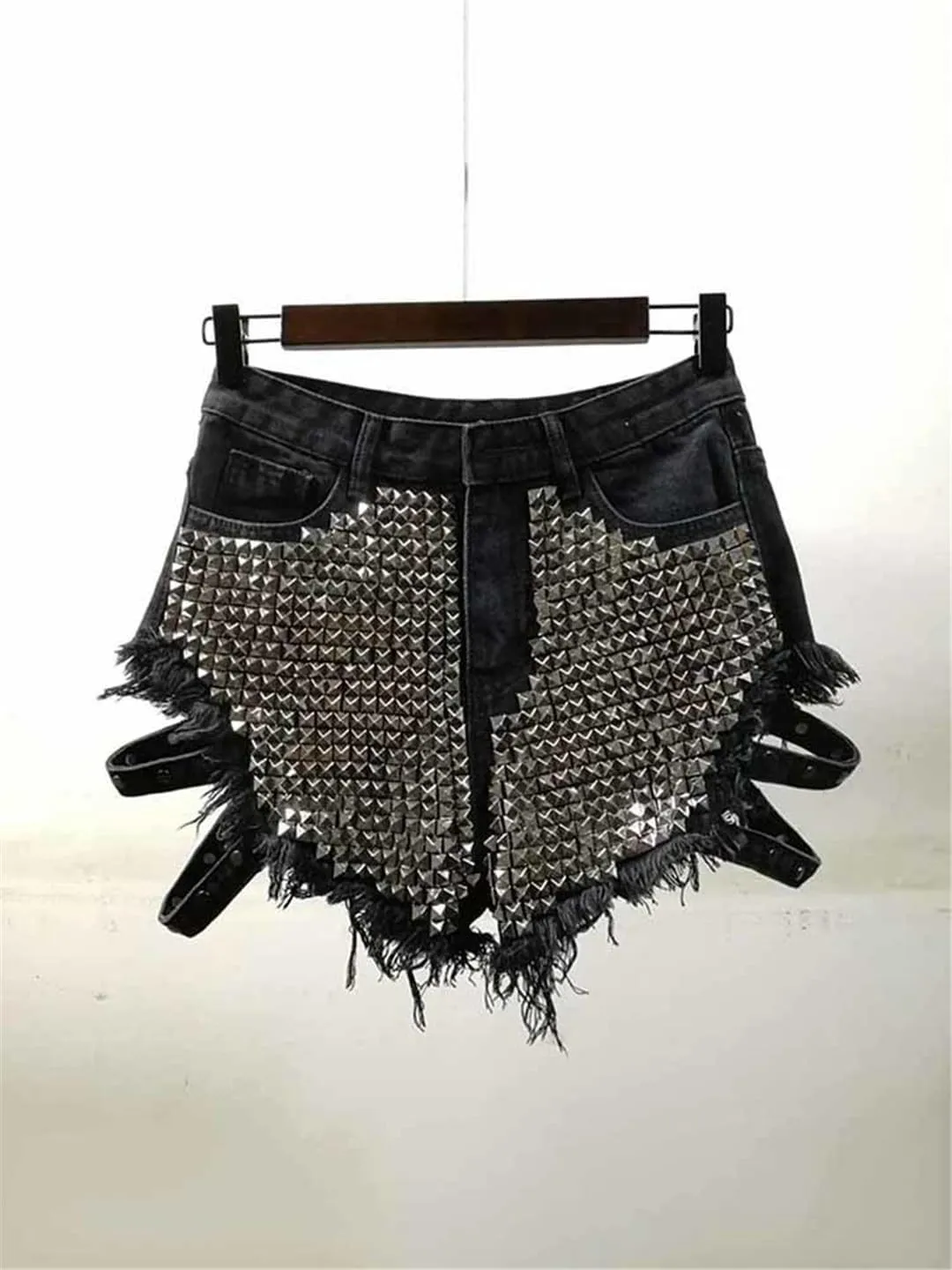 Fashion Shiny Riveted Irregular Denim Shorts Women's High Waist Wide Leg Short Hot Pants