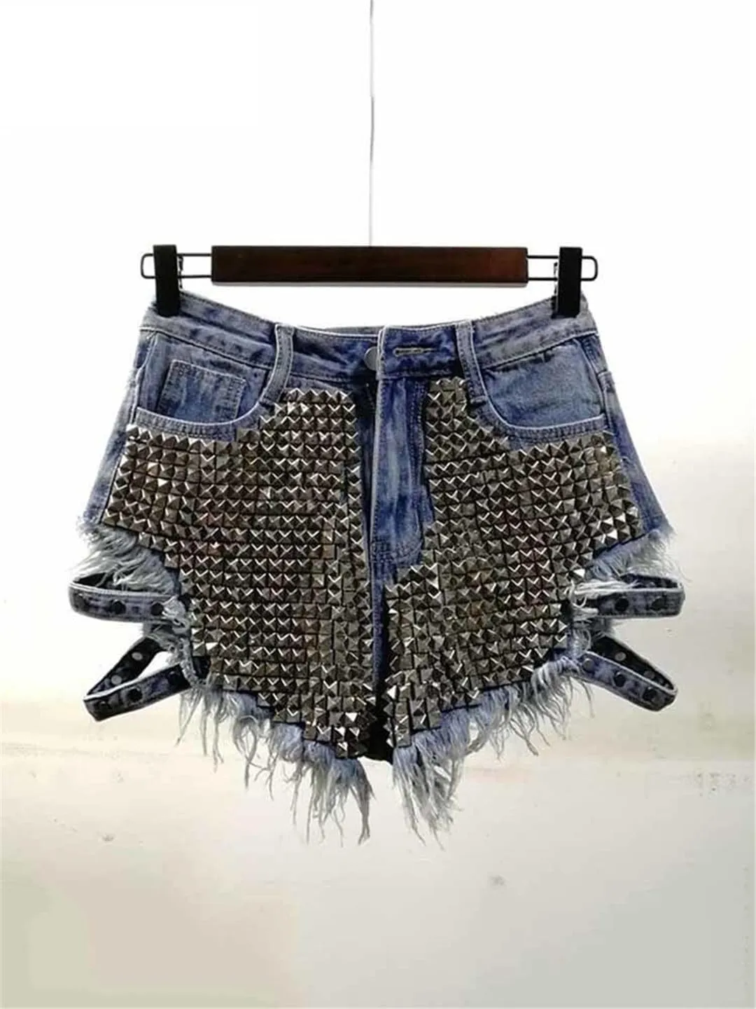 Fashion Shiny Riveted Irregular Denim Shorts Women's High Waist Wide Leg Short Hot Pants