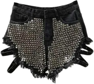 Fashion Shiny Riveted Irregular Denim Shorts Women's High Waist Wide Leg Short Hot Pants