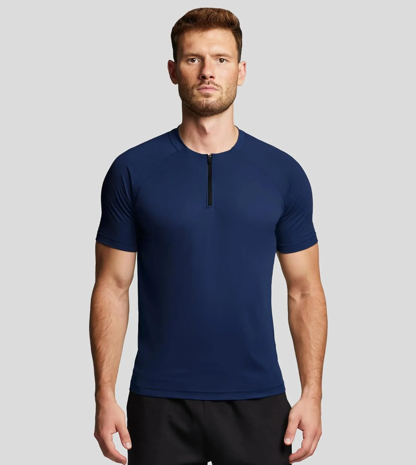 Fioboc Mens Shirts Quarter Zip Short Sleeve Gym Workout Performance Moisture Wicking Athletic Quick Dry Compression Shirt Men