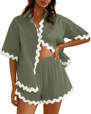Fixmatti Women Two Piece Summer Sets Short Sleeve Button Down Shirts Short Sets