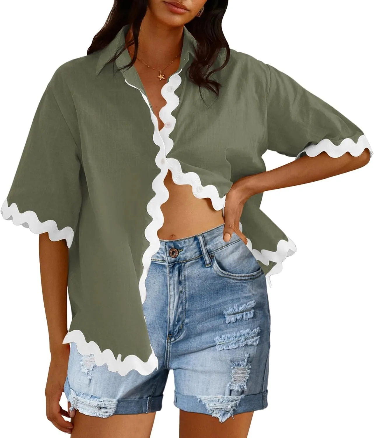Fixmatti Women Two Piece Summer Sets Short Sleeve Button Down Shirts Short Sets