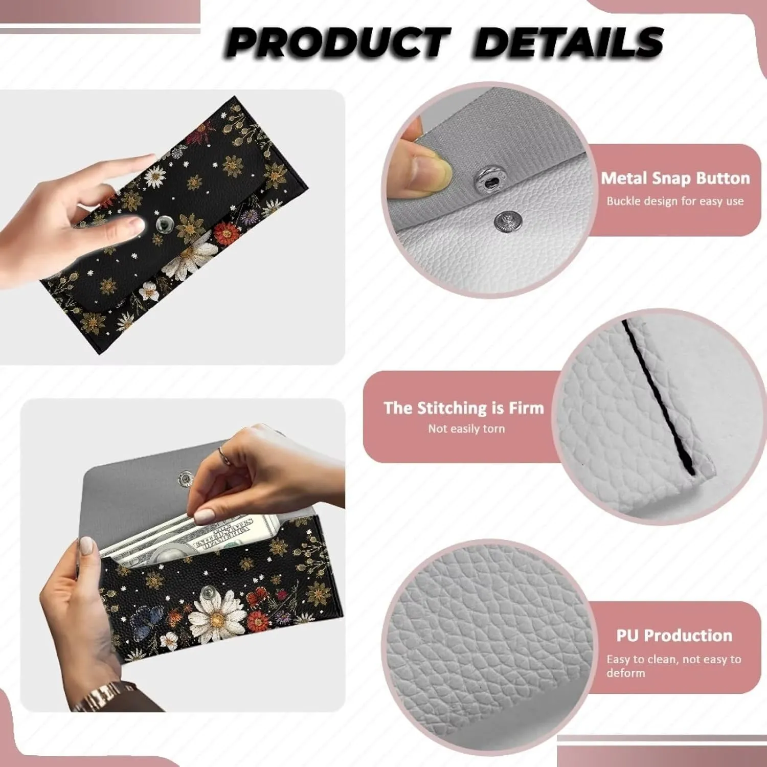 Floral Butterfly Clutch Purses for Women Wedding Portable Long Cash Wallets Pouch with Snap Button Ladies Casual Lightweight Fashion Card Holder for Travel Shop Sport Outdoor Use