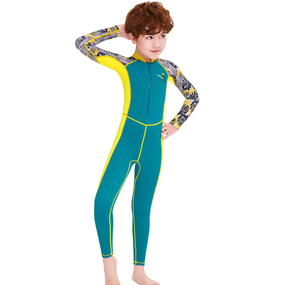 Full Sleeves Kids Swimwear Yellow & Green Palm Leaves printed Sleeves, UPF 50 