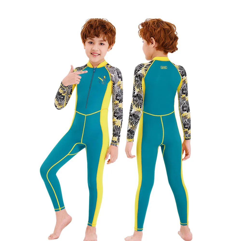 Full Sleeves Kids Swimwear Yellow & Green Palm Leaves printed Sleeves, UPF 50 