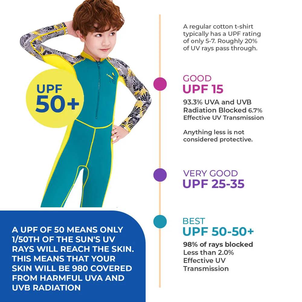 Full Sleeves Kids Swimwear Yellow & Green Palm Leaves printed Sleeves, UPF 50 