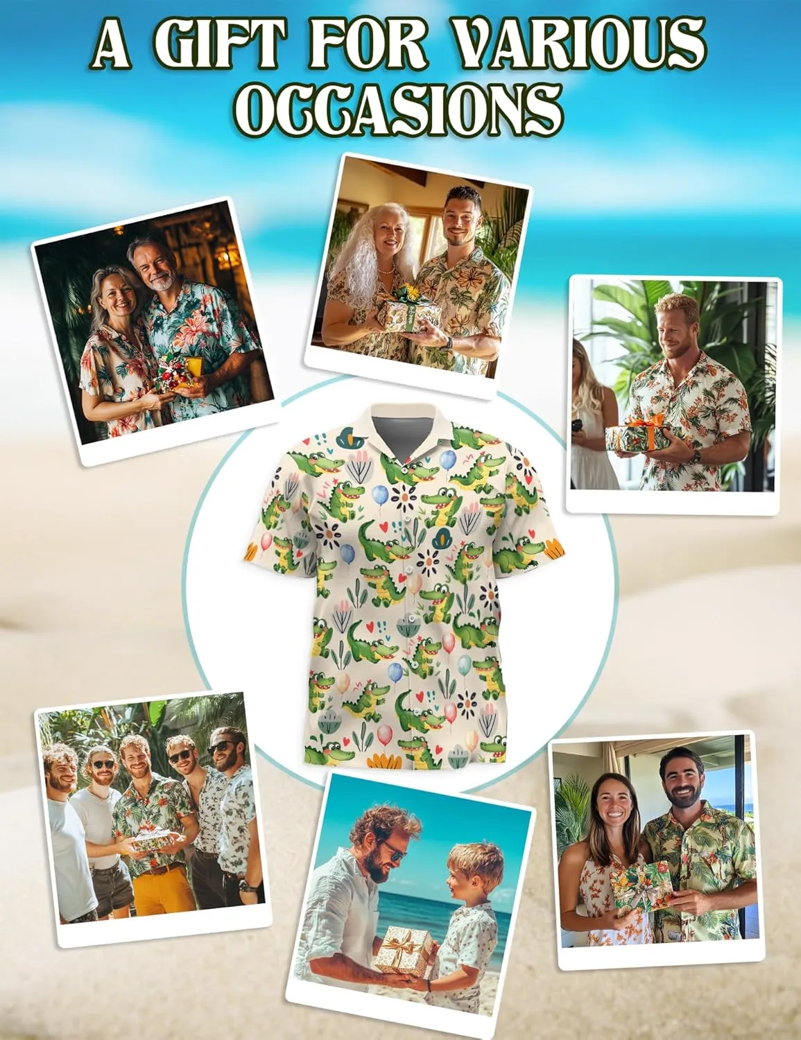 Funny Alligator Pattern Hawaiian Shirt for Men, Button Down Summer Beach Short Sleeve, Tropical Style, Sizes S-5XL