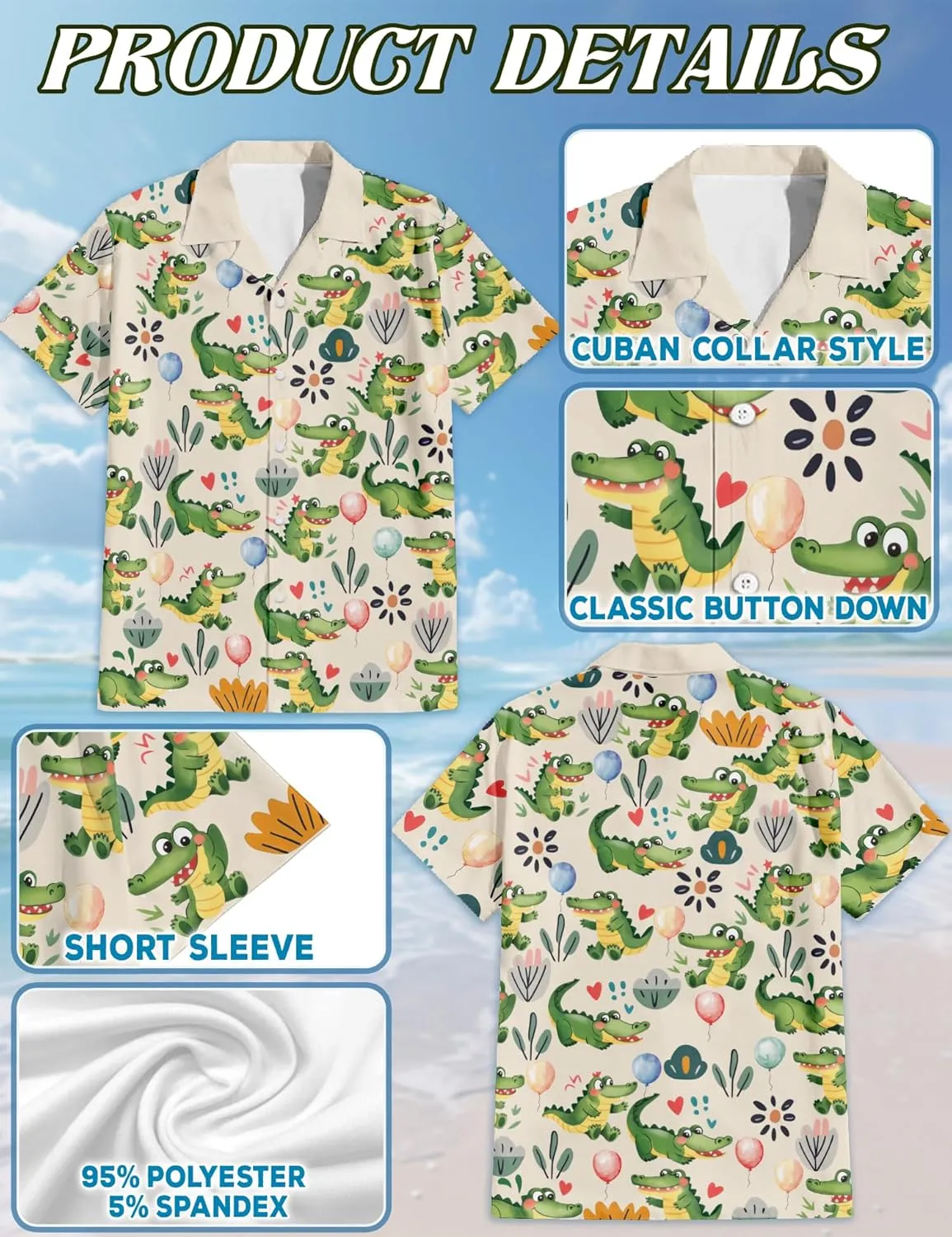 Funny Alligator Pattern Hawaiian Shirt for Men, Button Down Summer Beach Short Sleeve, Tropical Style, Sizes S-5XL