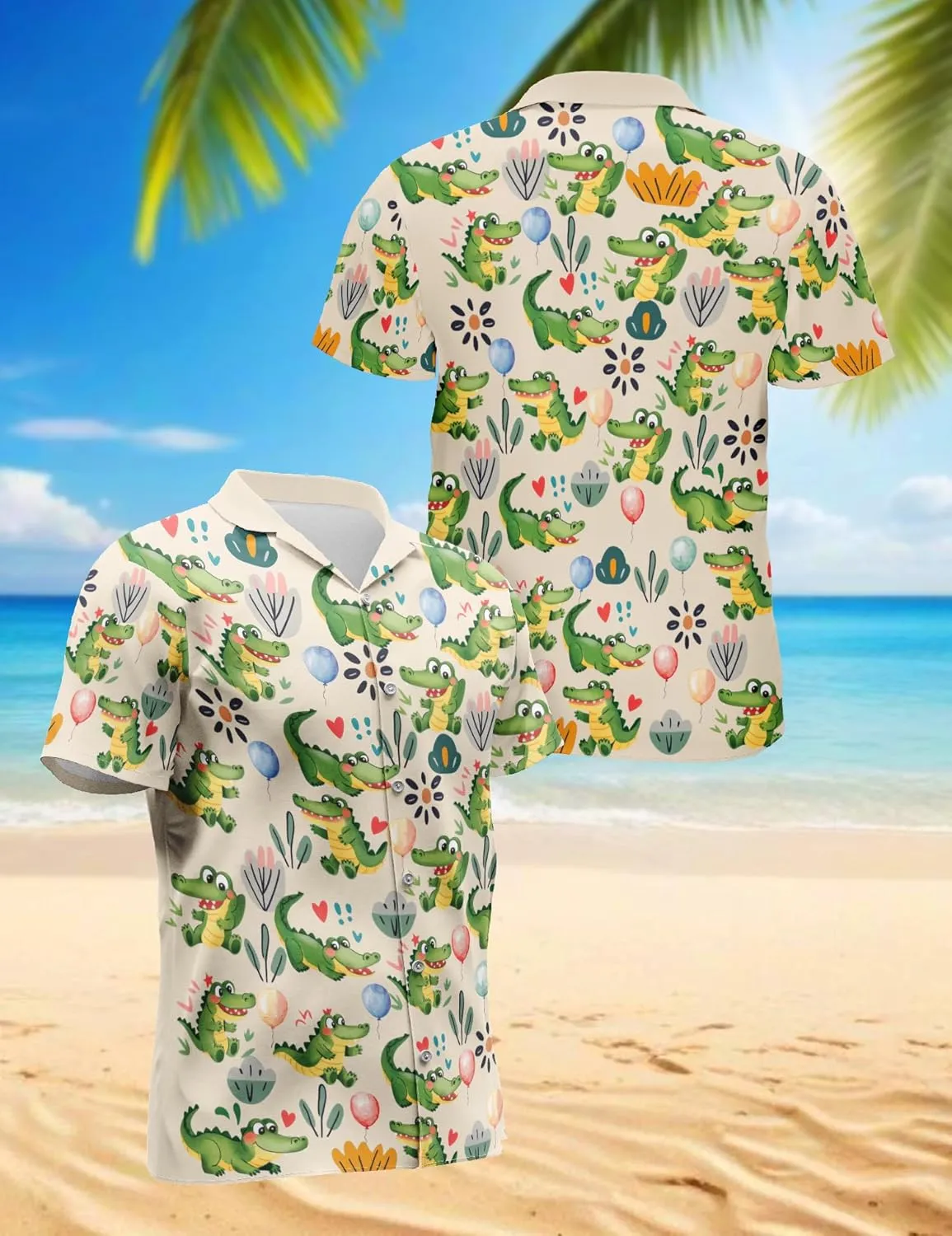 Funny Alligator Pattern Hawaiian Shirt for Men, Button Down Summer Beach Short Sleeve, Tropical Style, Sizes S-5XL