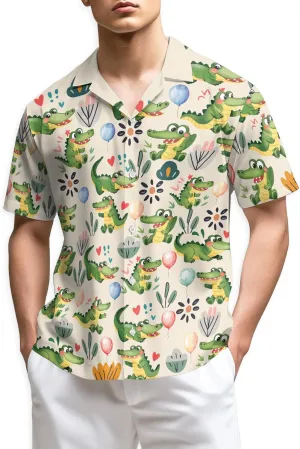 Funny Alligator Pattern Hawaiian Shirt for Men, Button Down Summer Beach Short Sleeve, Tropical Style, Sizes S-5XL