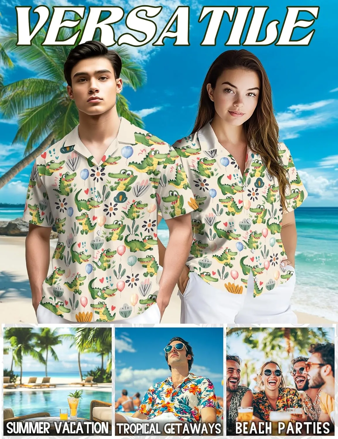 Funny Alligator Pattern Hawaiian Shirt for Men, Button Down Summer Beach Short Sleeve, Tropical Style, Sizes S-5XL
