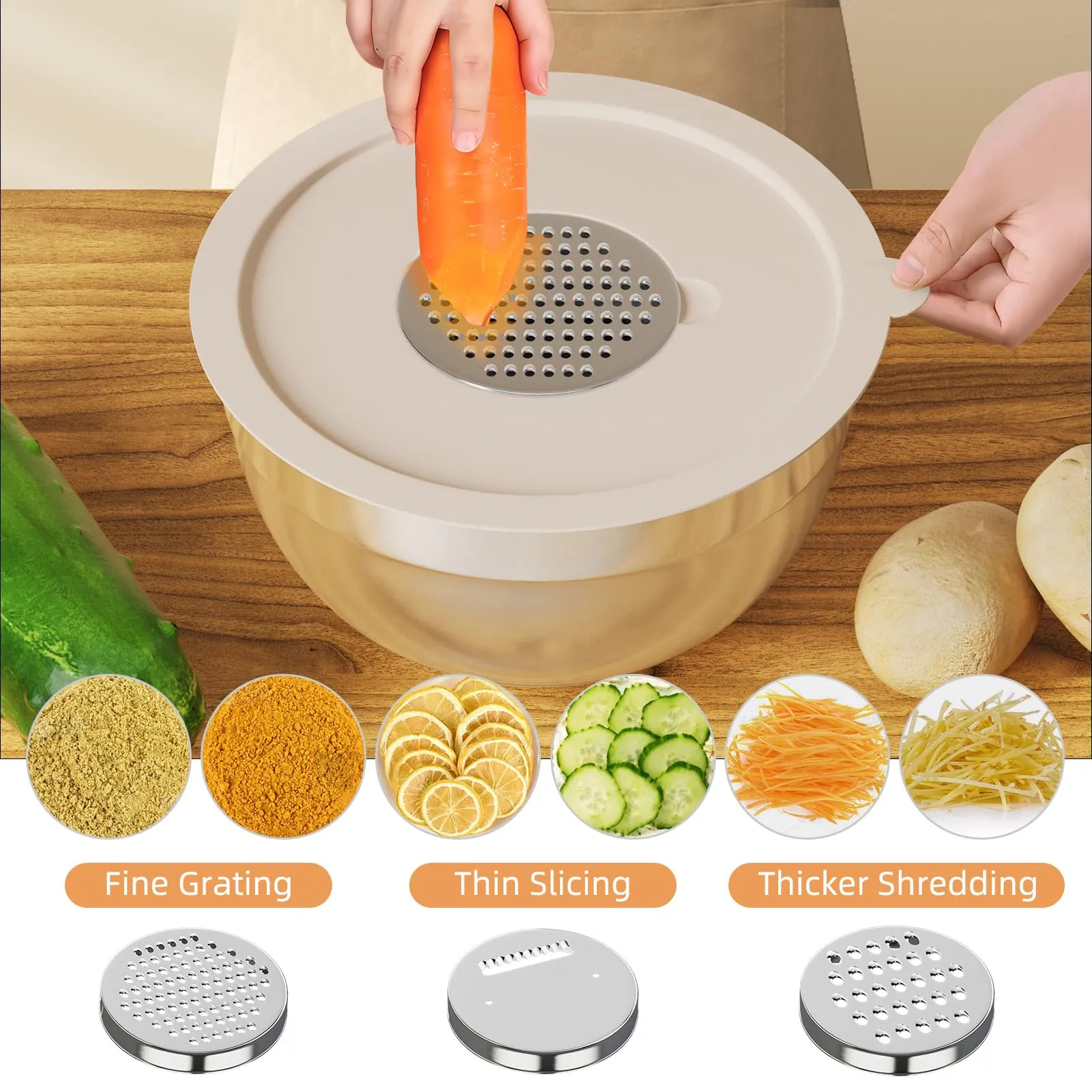 Fyrnova Mixing Bowls with Lids Set, 6 Piece Stainless Steel Nesting Storage Bowls for Kitchen, with 3 Grater Attachments & Non-Slip Bottoms, Size 5.5,3.5,2.5,2.1,1.5,1.1 QT