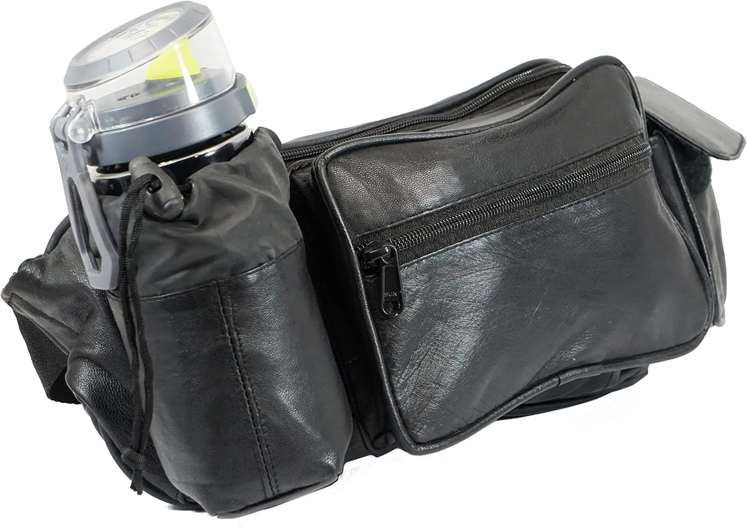 Genuine Leather Large Waist Bag Multi Function 4 Pocket Fanny Pack for Outdoor Use and Travel With Bottle Holder (Black)