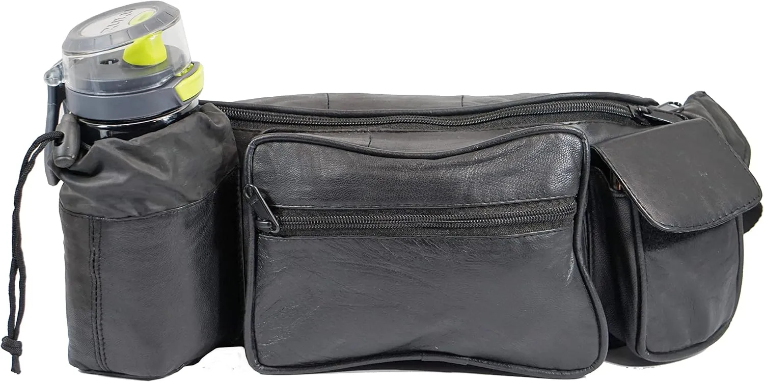 Genuine Leather Large Waist Bag Multi Function 4 Pocket Fanny Pack for Outdoor Use and Travel With Bottle Holder (Black)