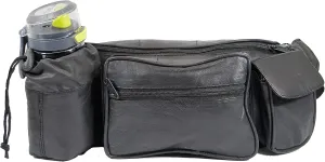 Genuine Leather Large Waist Bag Multi Function 4 Pocket Fanny Pack for Outdoor Use and Travel With Bottle Holder (Black)