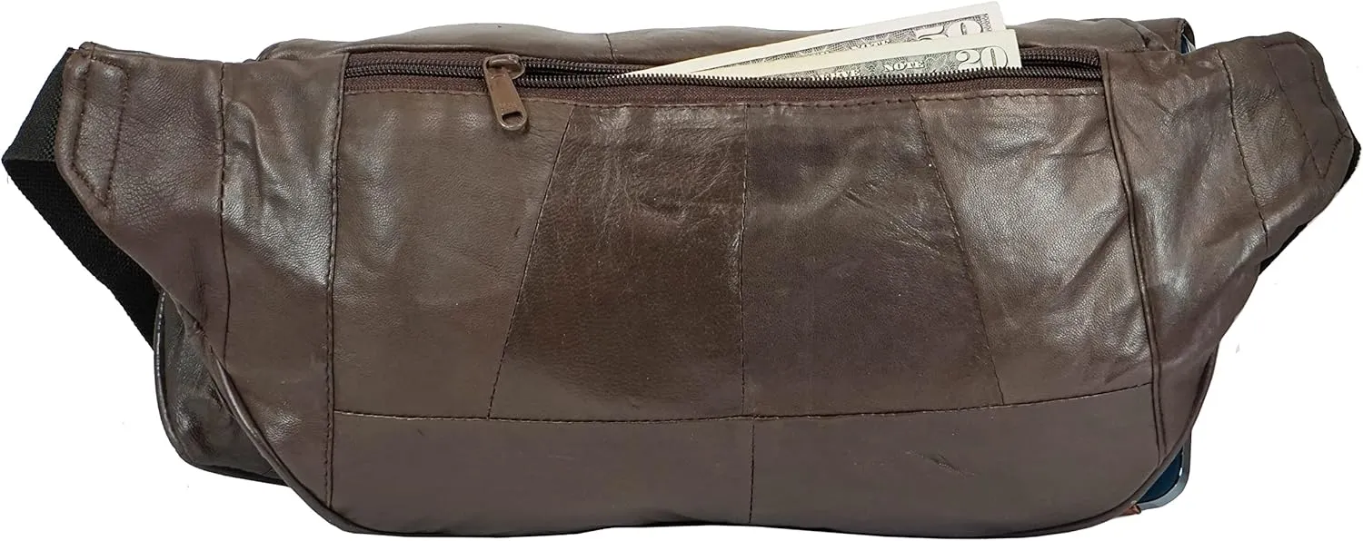 Genuine Leather Large Waist Bag Multi Function 4 Pocket Fanny Pack for Outdoor Use and Travel With Bottle Holder (Brown)