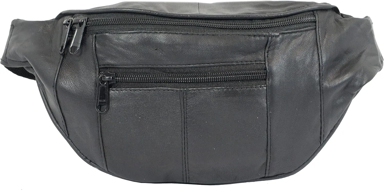 Genuine Leather Small Waist Bag Multi Function Pocket Mini Fanny Pack for Outdoor Use and Travel With Adjustable Waist Strap (Black)