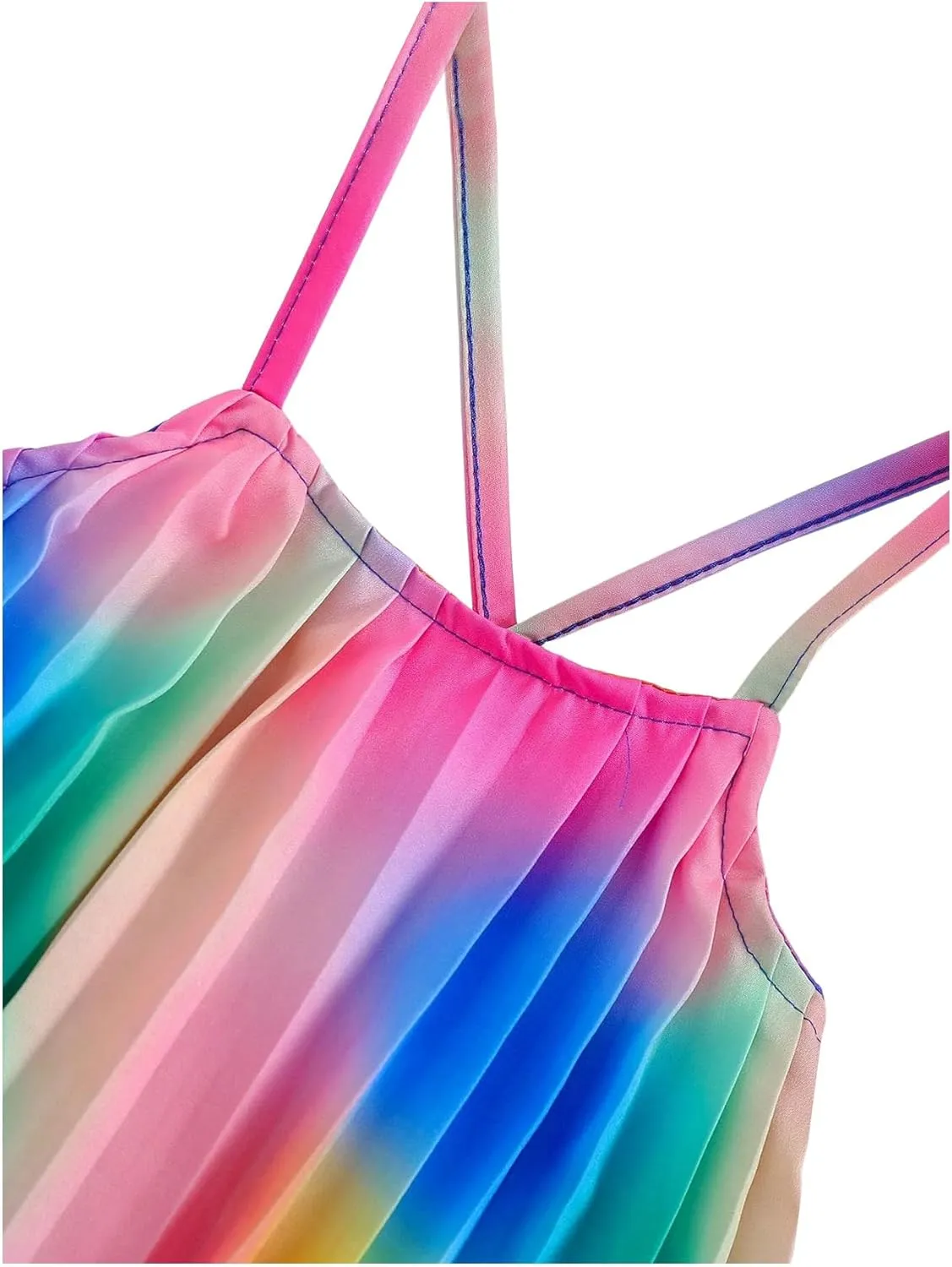 Girl's 2 Piece Boho Outfits Pleated Spaghetti Strap Camisoles and Elastic Waist Wide Leg Pants