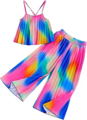 Girl's 2 Piece Boho Outfits Pleated Spaghetti Strap Camisoles and Elastic Waist Wide Leg Pants