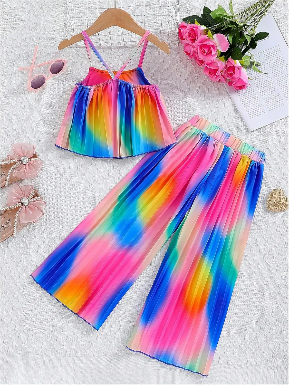 Girl's 2 Piece Boho Outfits Pleated Spaghetti Strap Camisoles and Elastic Waist Wide Leg Pants