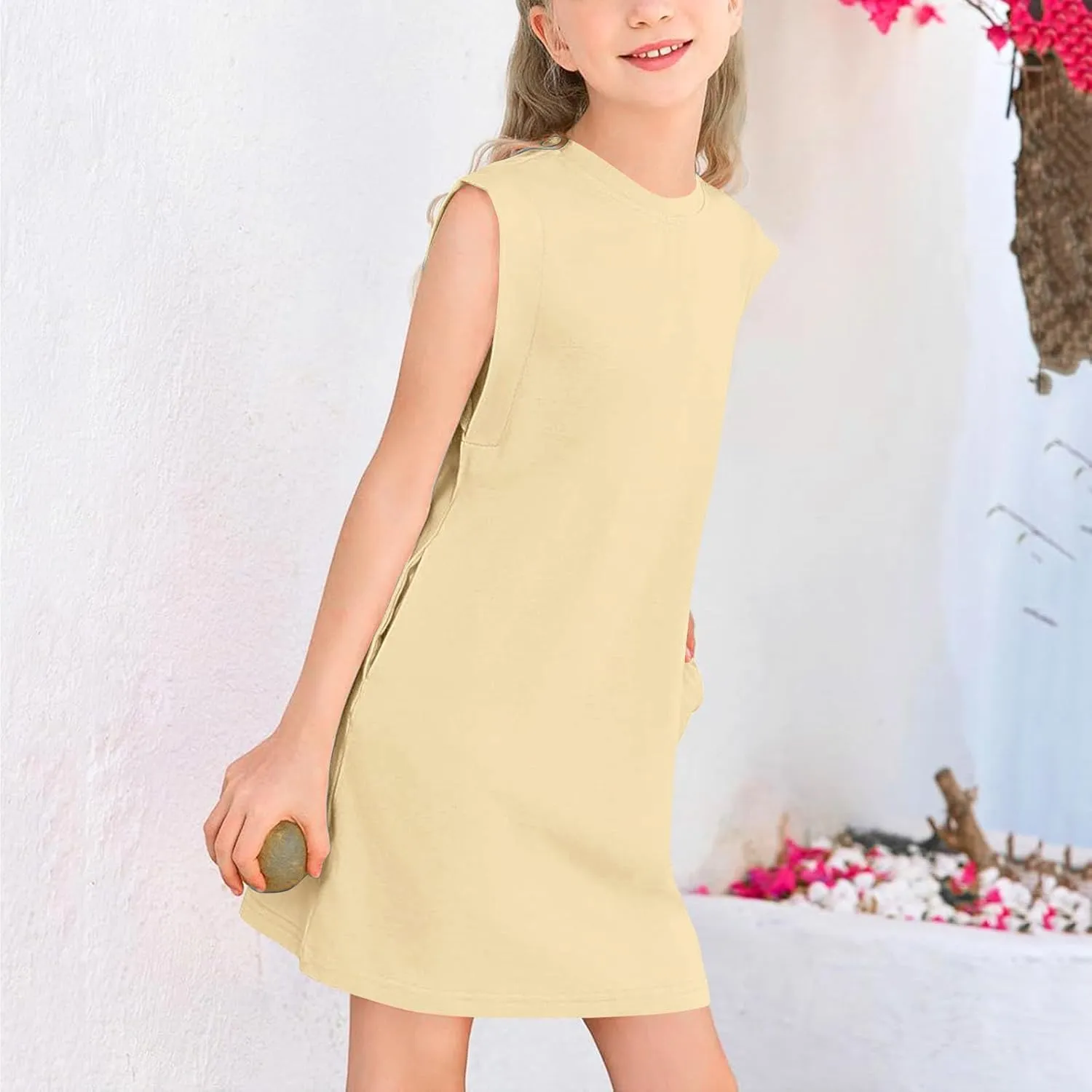 Girls Sleeveless Summer Dress Kids Casual Crewneck Loose Beach Short Mini Sundresses with Pockets 4-14 Years