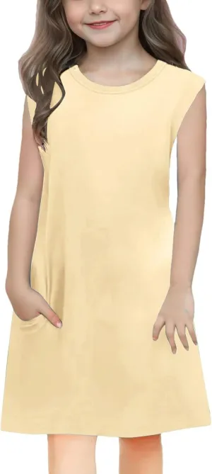 Girls Sleeveless Summer Dress Kids Casual Crewneck Loose Beach Short Mini Sundresses with Pockets 4-14 Years