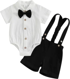 GOOCHEER Newborn Baby Boy Gentleman Outfit Suit Short Sleeve Bowtie Romper Jumpsuit Suspender Shorts Set Summer Dress Clothes