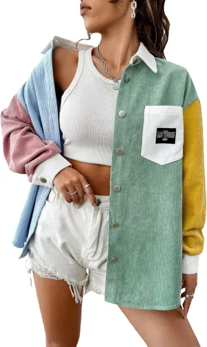 GORGLITTER Women's Corduroy Color Block Button Down Shirts Letter Long Sleeve Shacket Jacket