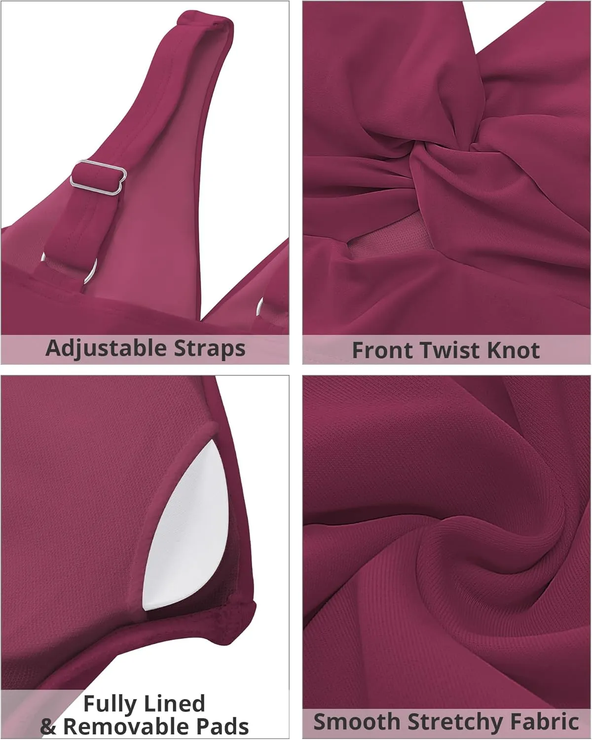 GRAPENT Bikini Tops for Women Cropped StrapCore Tankini Tops Beach Padded Knot Twist Cut Out Adjustable Swimwear Top Only