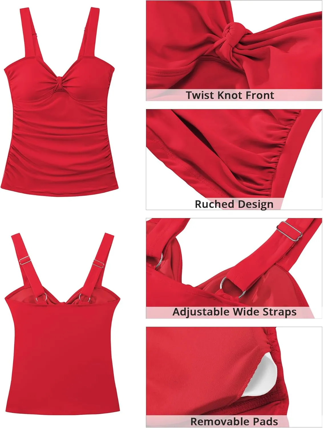 GRAPENT Tankini Tops for Women Twist Knot Ruched Swimsuits Beach Padded Adjustable Straps Modest Swimwear Swim Tops Only