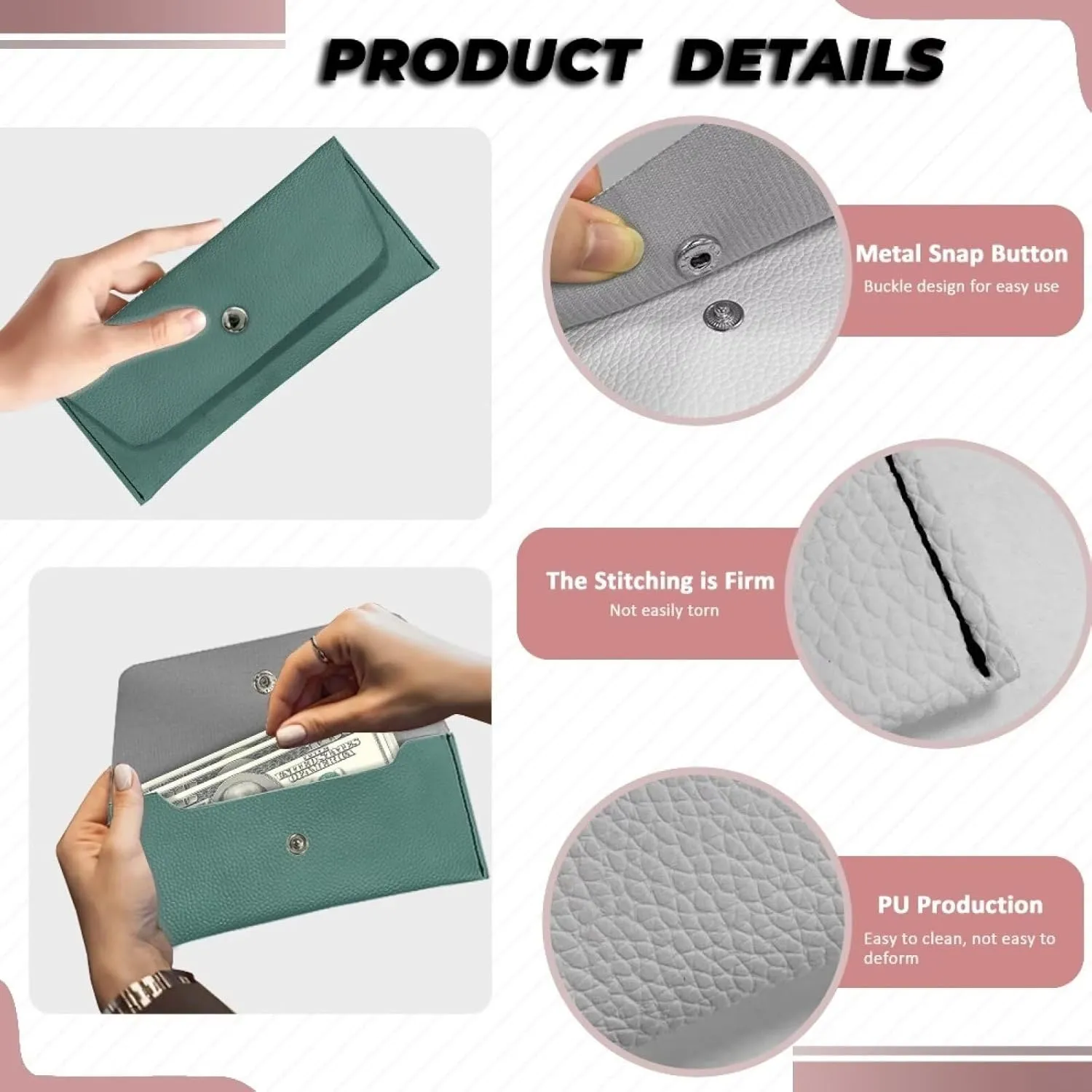 Green Skinny Long Wallet for Womens Casual Lightweight Clutch Bag Cash Purse with Metal Snap Button for Travel Business School Daily Outdoor Use