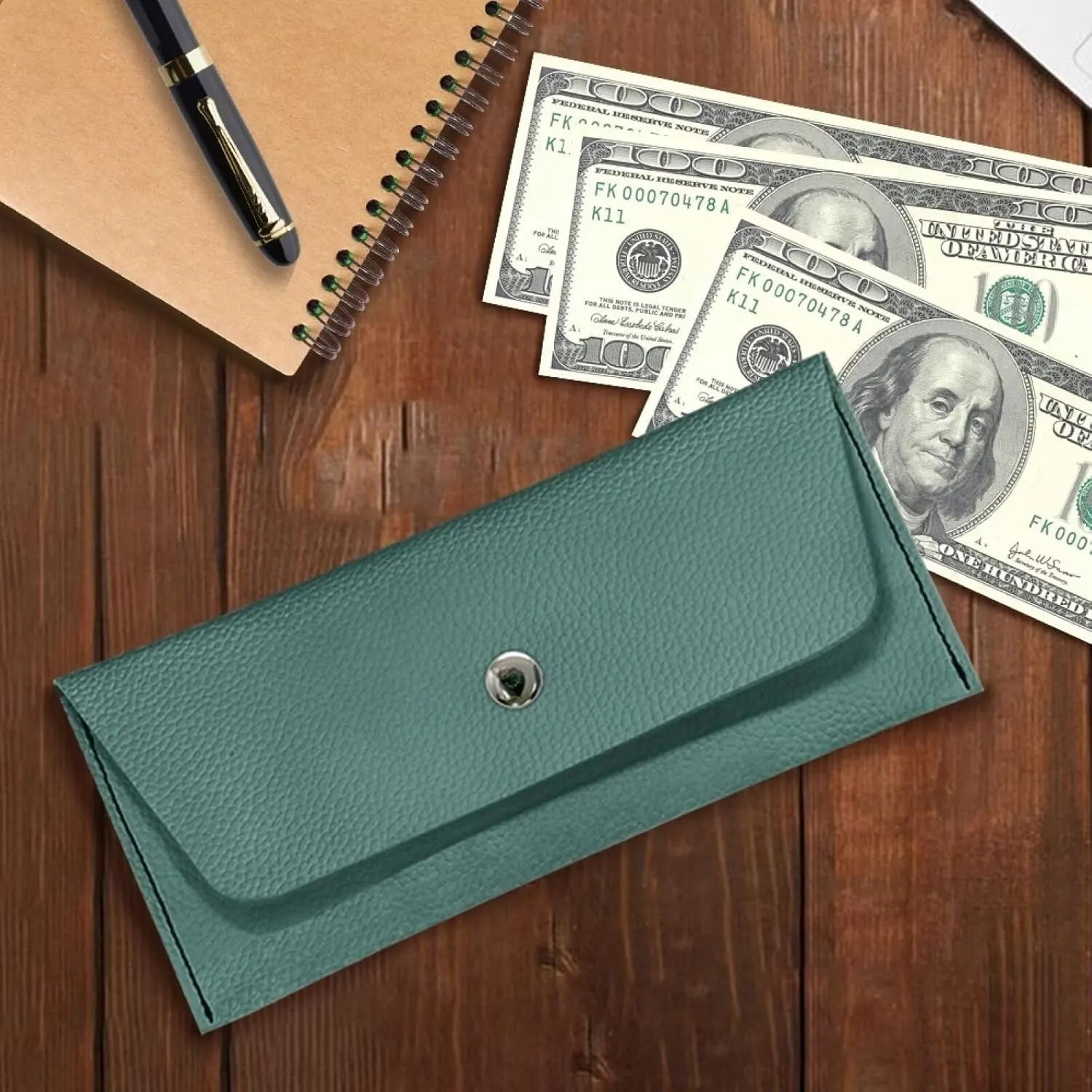 Green Skinny Long Wallet for Womens Casual Lightweight Clutch Bag Cash Purse with Metal Snap Button for Travel Business School Daily Outdoor Use