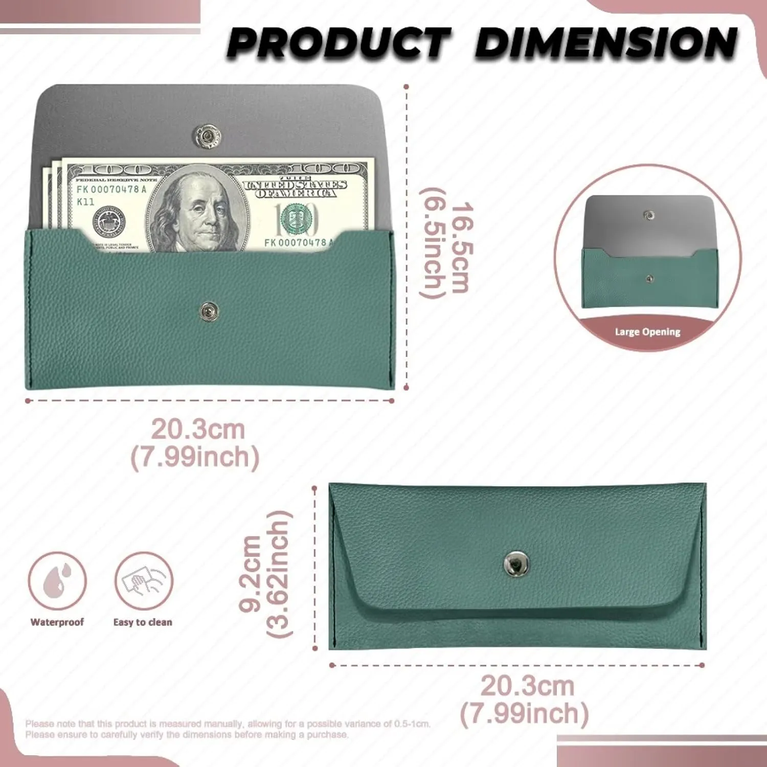 Green Skinny Long Wallet for Womens Casual Lightweight Clutch Bag Cash Purse with Metal Snap Button for Travel Business School Daily Outdoor Use