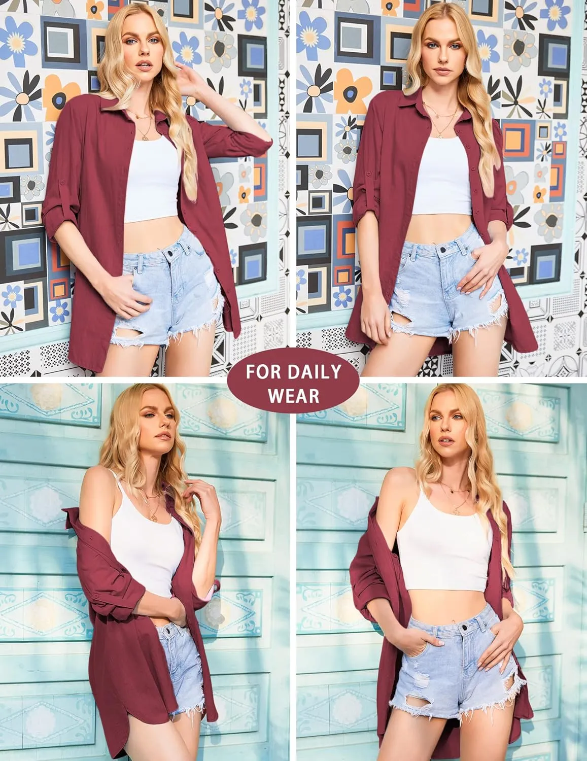 HOTOUCH Women Boyfriend Shirts Button Down Long Sleeve Blouse Cuffed Sleeve Collared Shirt