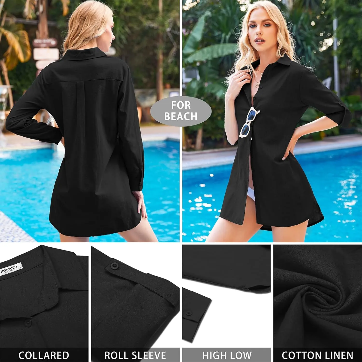 HOTOUCH Women Boyfriend Shirts Button Down Long Sleeve Blouse Cuffed Sleeve Collared Shirt