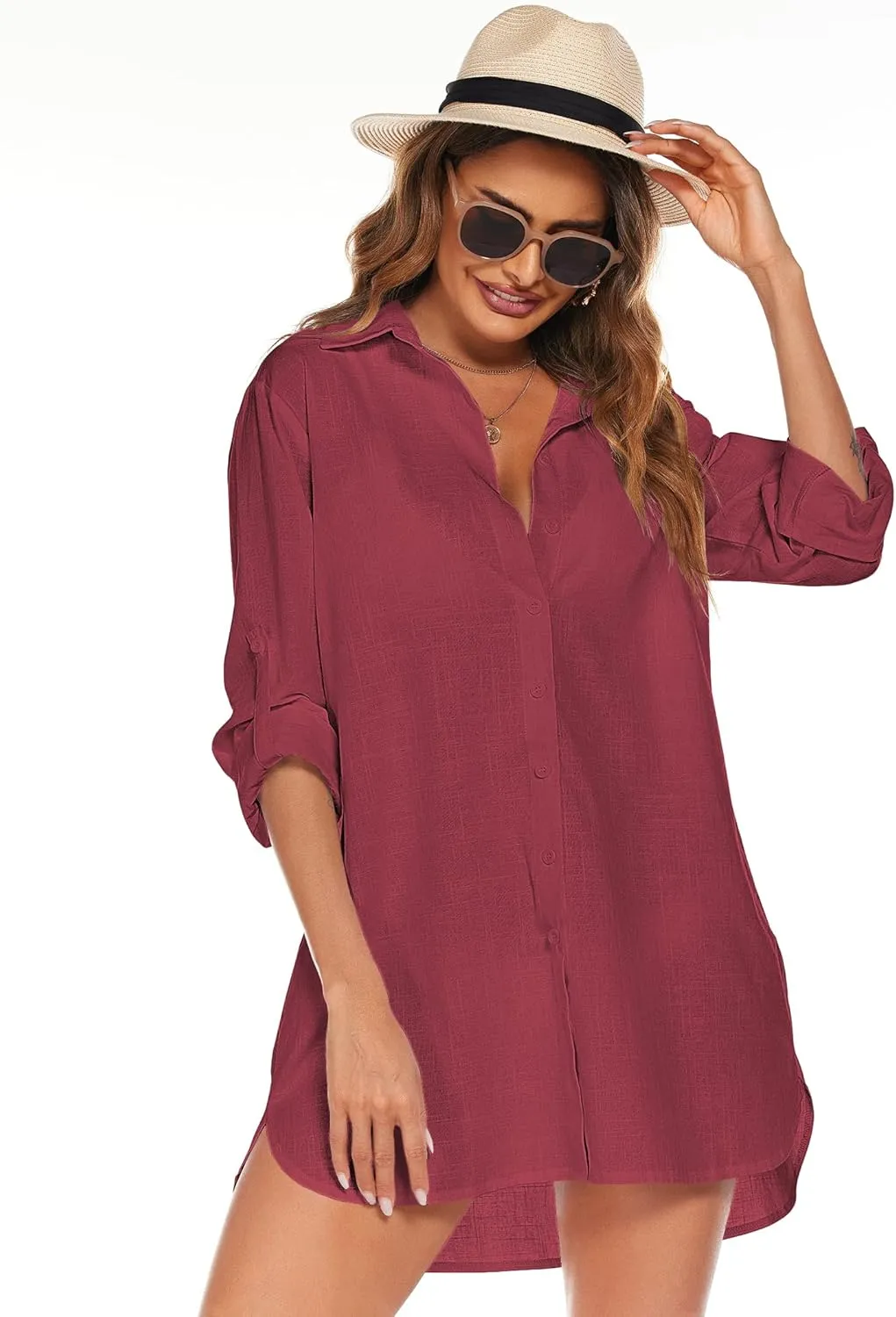 HOTOUCH Women Boyfriend Shirts Button Down Long Sleeve Blouse Cuffed Sleeve Collared Shirt