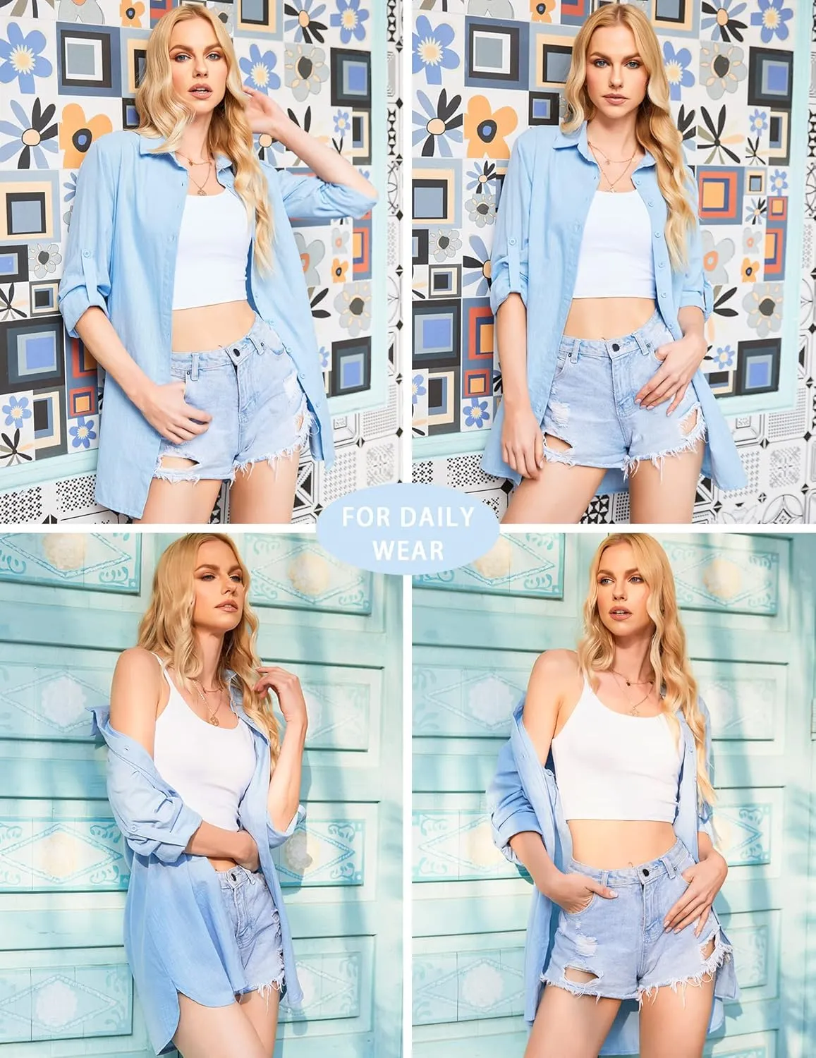 HOTOUCH Women Boyfriend Shirts Button Down Long Sleeve Blouse Cuffed Sleeve Collared Shirt