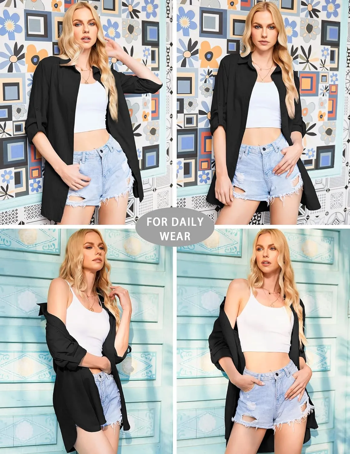 HOTOUCH Women Boyfriend Shirts Button Down Long Sleeve Blouse Cuffed Sleeve Collared Shirt